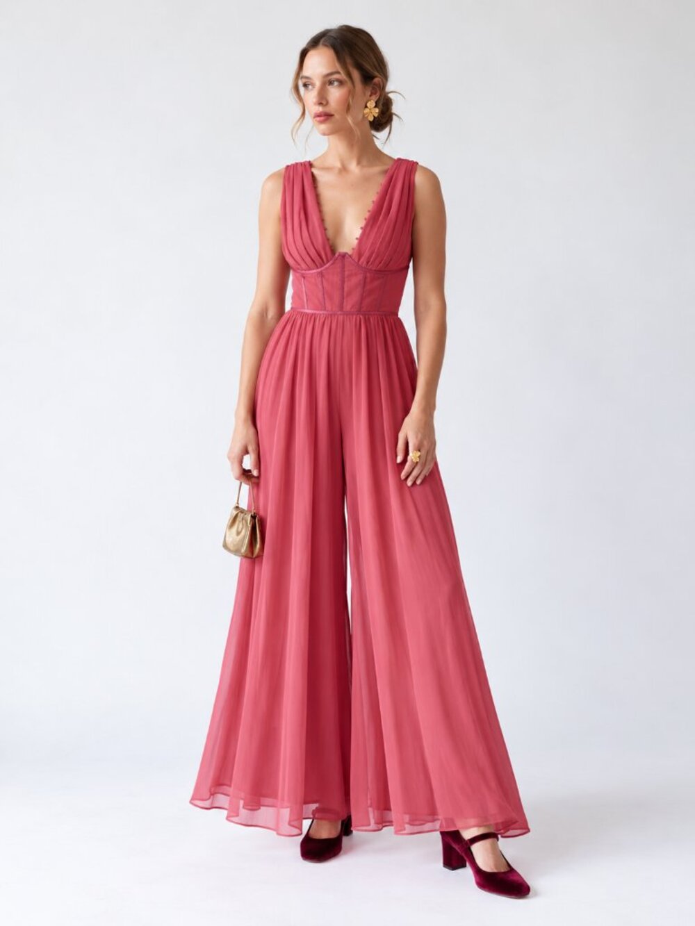 ASOS DESIGN Dark Pink Plunge Wide Leg Jumpsuit Satin Detail US 6